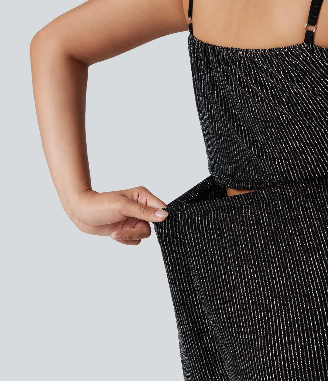 Volangfåll ärmlös skimrande randig vardaglig jumpsuit med fickor-Easy Peezy