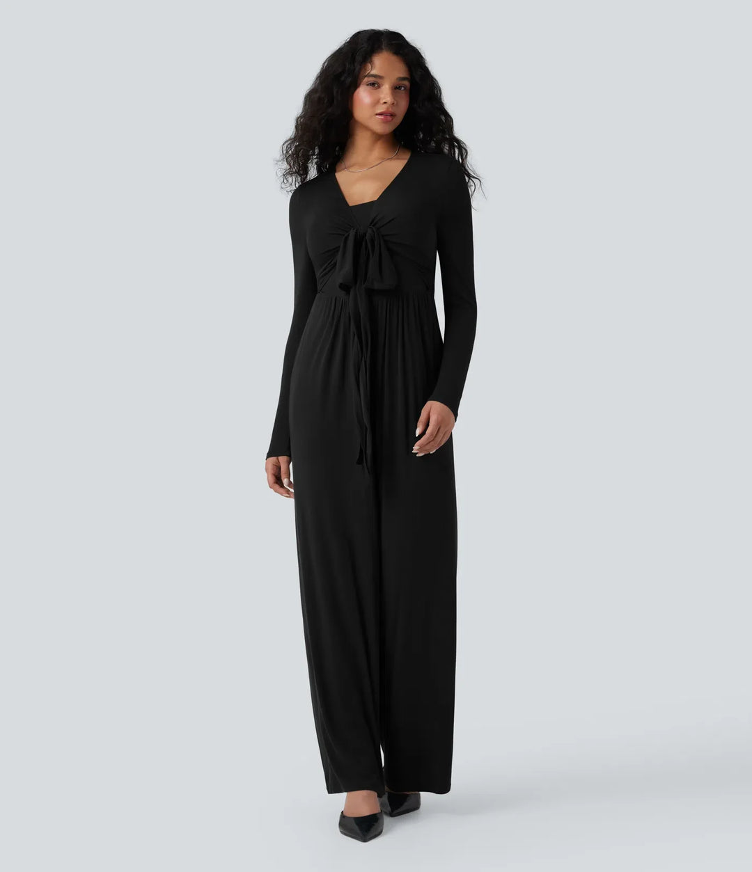 Ribbad V-ringad omlott knytning i ryggen långärmad vida ben vardaglig jumpsuit med fickor-Easy Peezy Edition