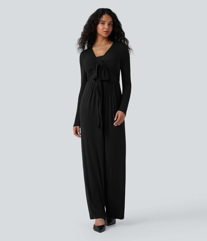 Ribbad V-ringad omlott knytning i ryggen långärmad vida ben vardaglig jumpsuit med fickor-Easy Peezy Edition