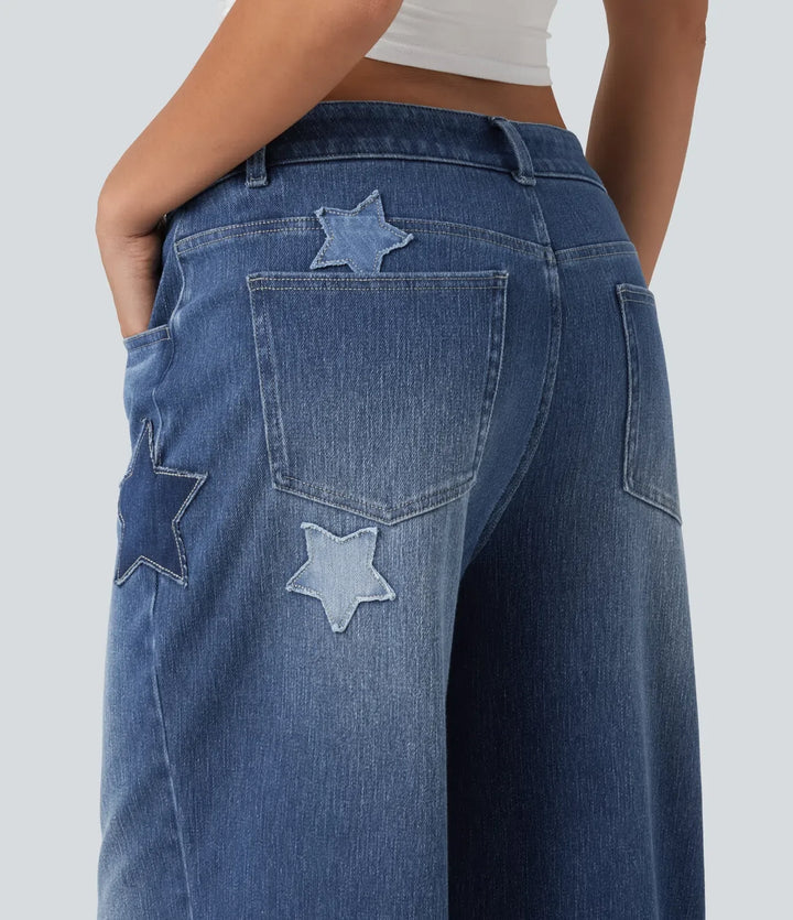 Lyckera Flex högmidjad baggy Embroidery vardagsjeans med fickor