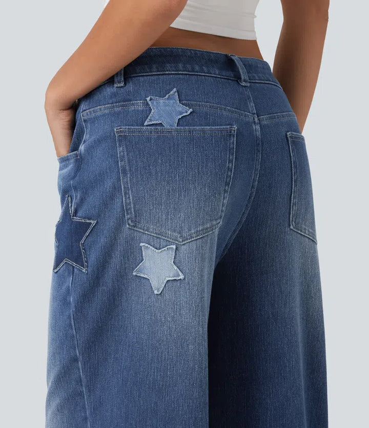 Halara Flex med hög midja baggy broderi vardagsjeans med fickor