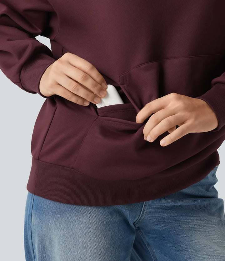 Med huva crossover nedhasad långärmad fleece vardaglig sweatshirt med ficka