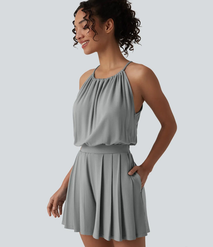 Halterneck ärmlös knytning i ryggen veckad vardaglig playsuit med fickor-Easy Peezy