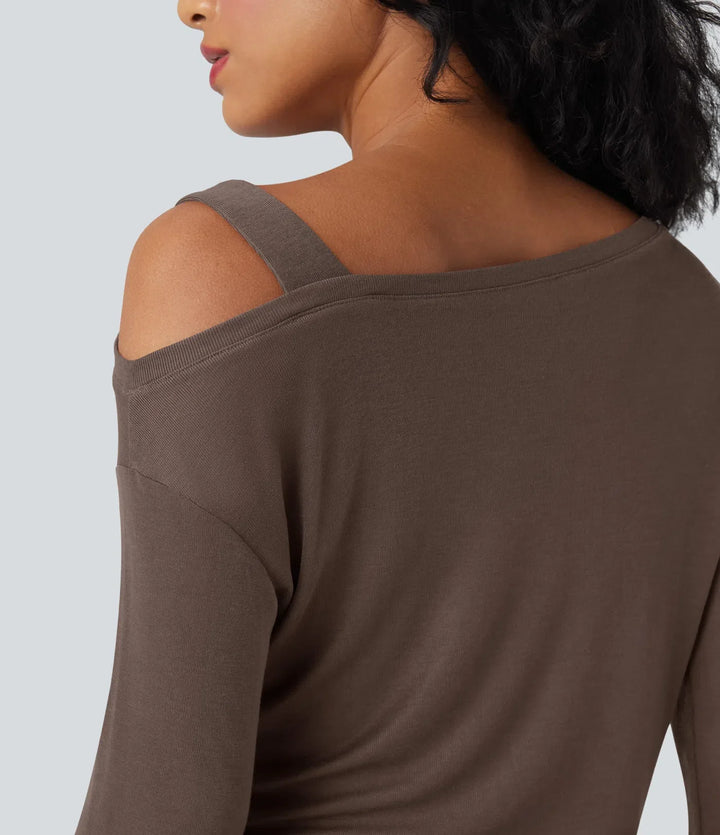 Enaxlad långärmad asymmetrisk för vardag ullblandning T-shirt