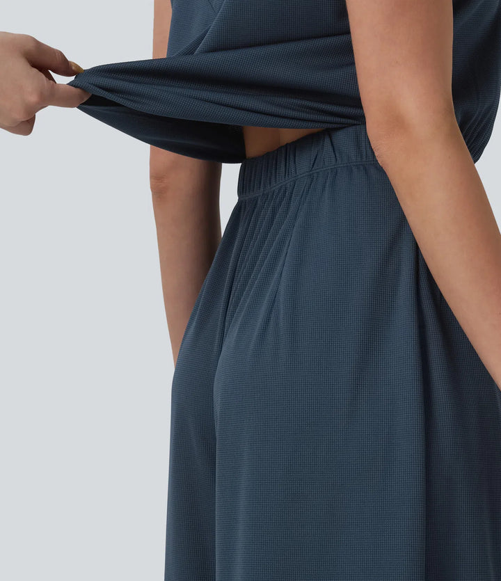 V-ringad fallande våffelstruktur vardaglig jumpsuit med fickor-Easy Peezy Edition