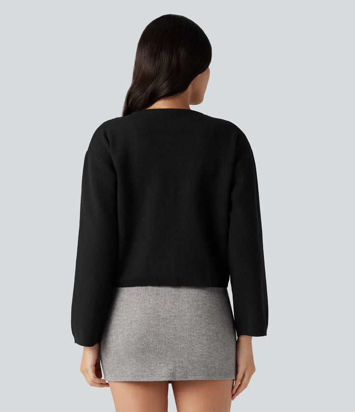 Rund hals långärmad vardaglig cardigan med fickor