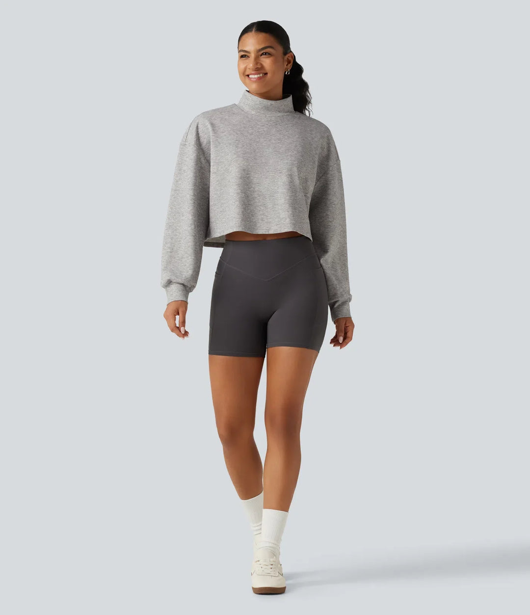 Halvpolo långärmad avslappnad croppad vardaglig sweatshirt