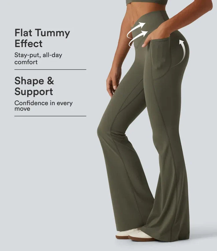 Halara UltraSculpt med hög midja omlott scrunch-effekt rumplyftande magkontroll formande yoga utsvängd leggings med fickor
