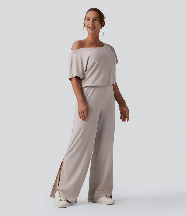 Enaxlad kortärmad slits fåll vardaglig jumpsuit med fickor-Easy Peezy