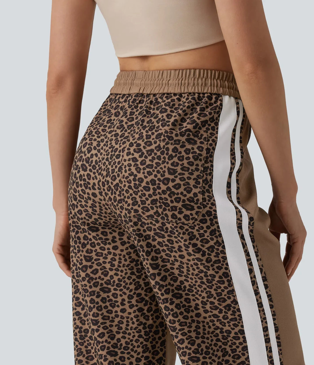 Medelhög midja dragsko färgblock ränder kontrast leopard vardaglig baggy byxor med fickor