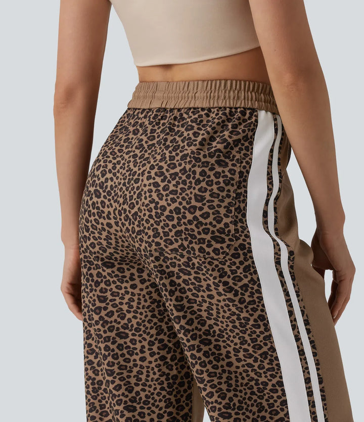 Medelhög midja dragsko färgblock ränder kontrast leopard vardaglig baggy byxor med fickor