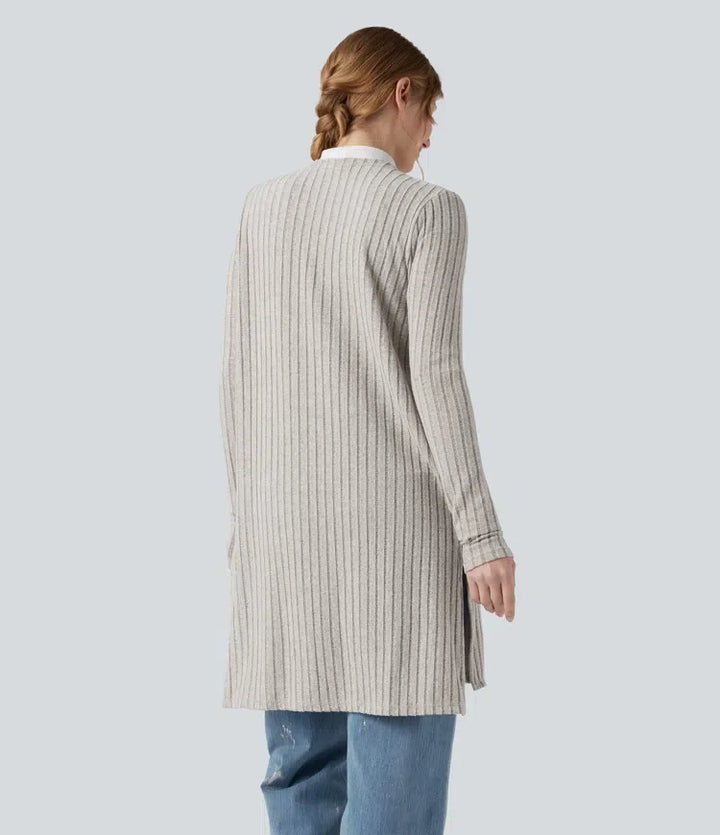 Ribbstickad långärmad slits vardagskofta