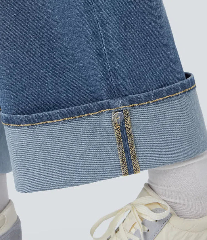 Lyckera Flex högmidjad fickor justerbar fåll vida ben tvättad vardagsjeans