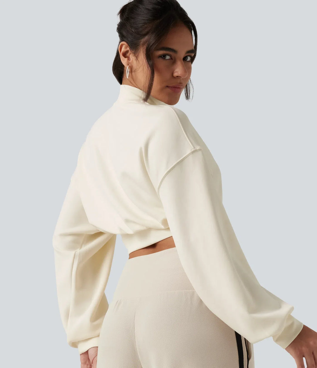 Halvpolo nedhasad långärmad vardaglig croppad sweatshirt