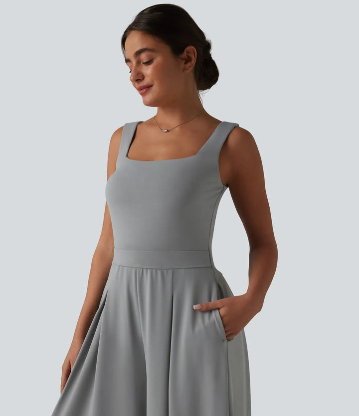 Fyrkantig halsringning baggy vardaglig jumpsuit med fickor-Easy Peezy Edition