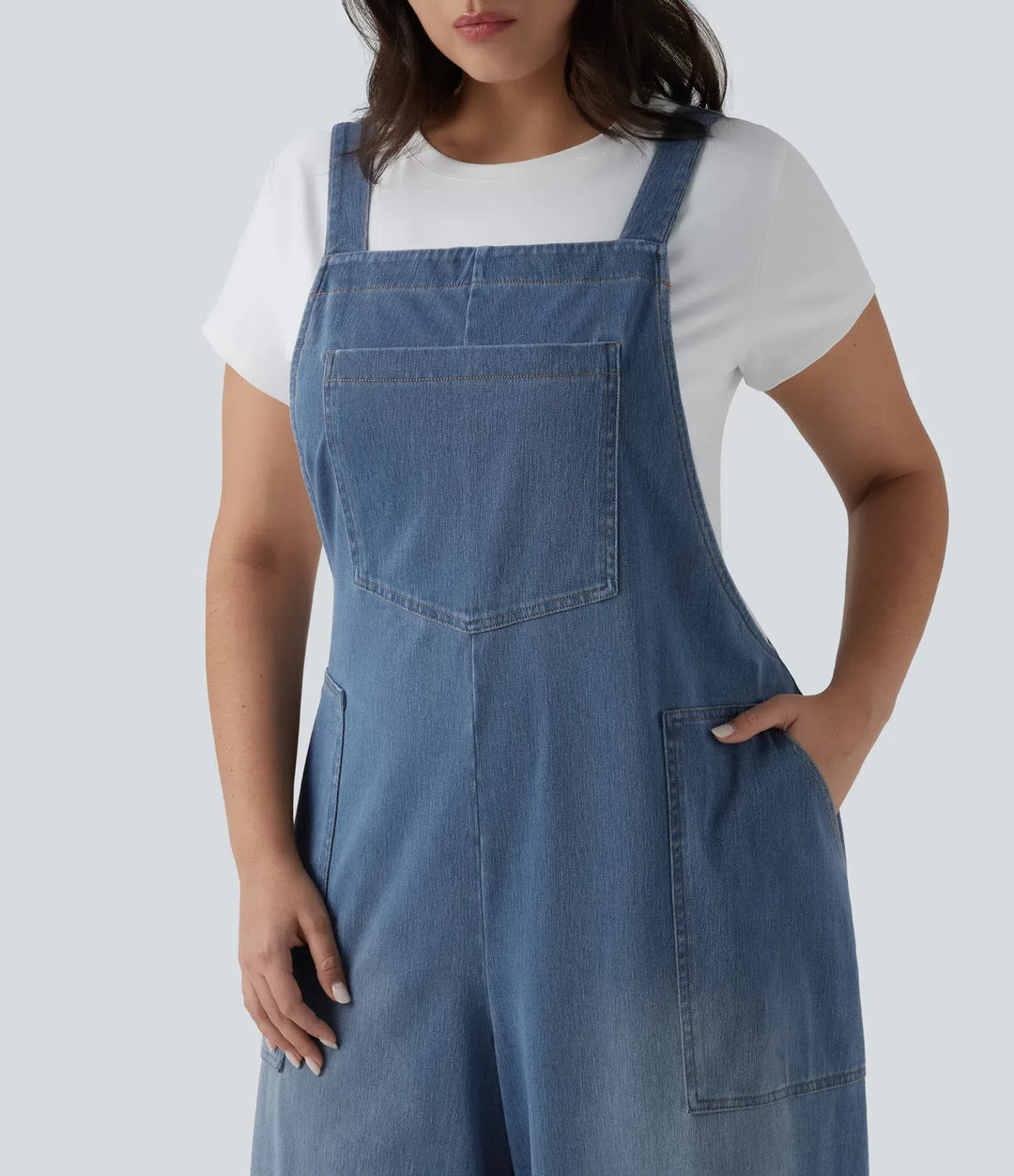 Plusstorlek Halara Flex fyrkantig halsringning tvättad denim hängselbyxor för vardag med fickor