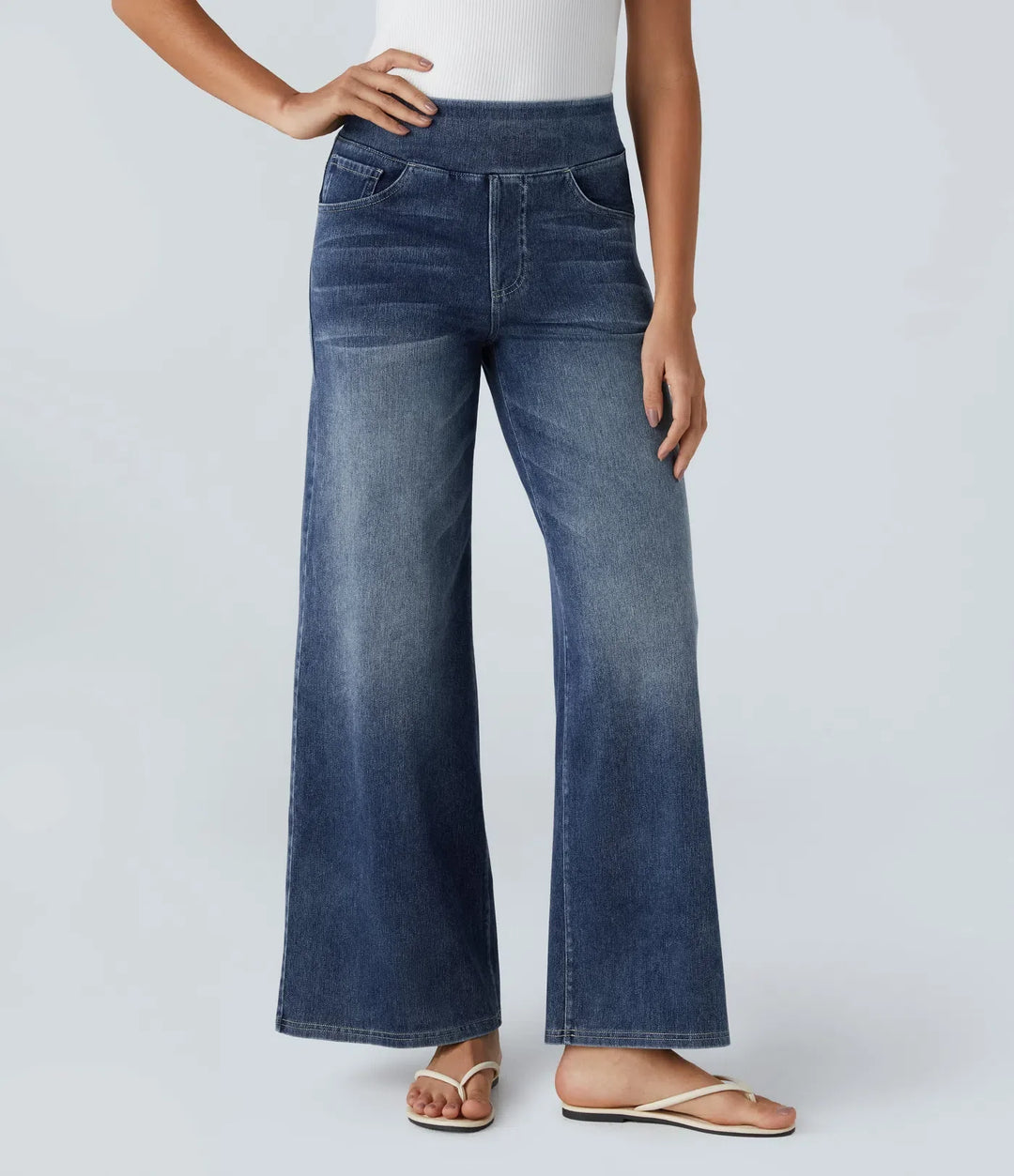 Lyckera Flex högmidjad fickor baggy vida ben tvättad vardagsjeans