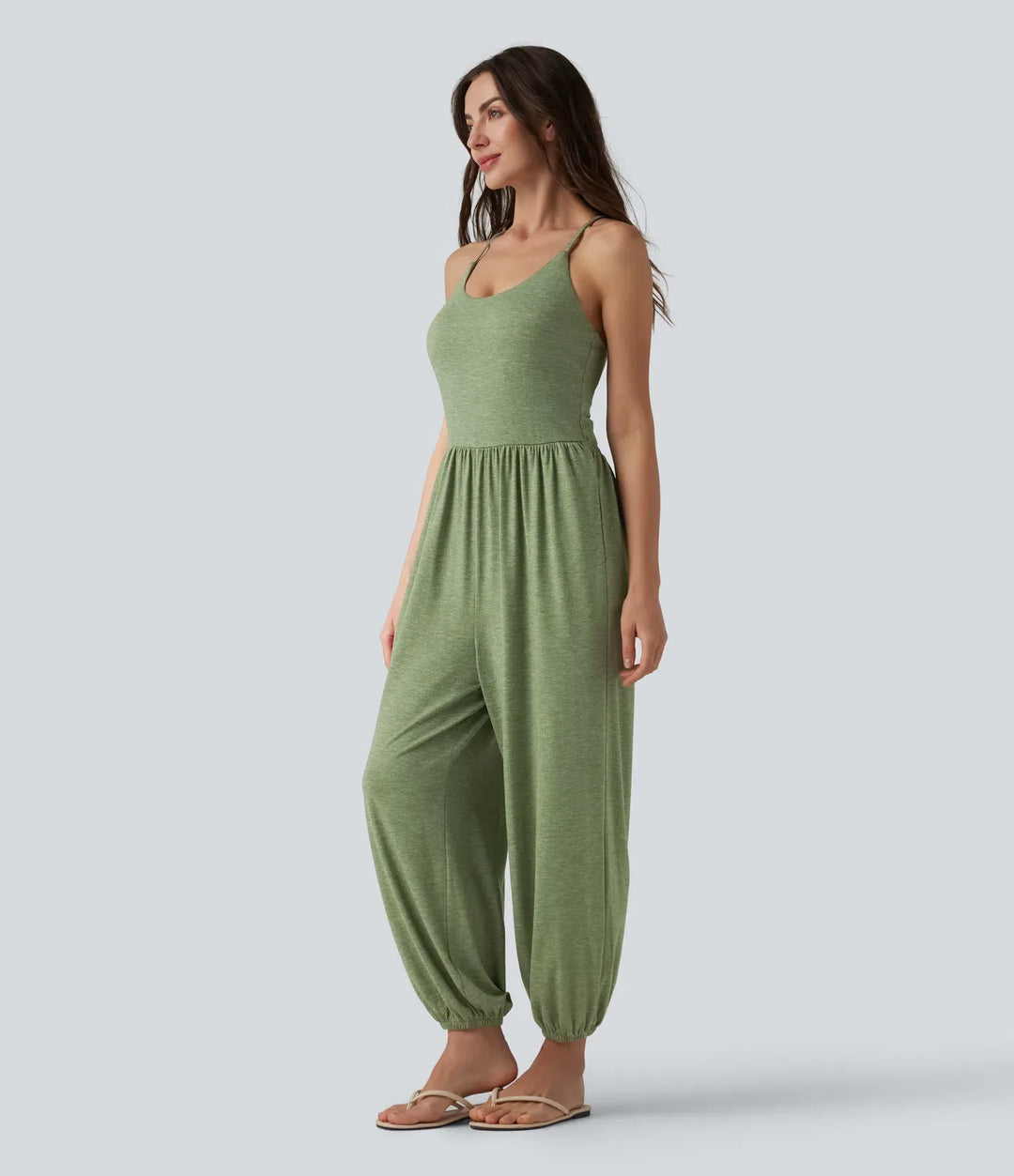 Korsad rygglös ärmlös inbyggd BH melerad vardaglig jumpsuit med fickor-Easy Peezy