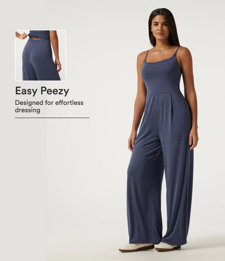 U-ringad ärmlös inbyggd BH rynkat baggy vardaglig jumpsuit med fickor-Easy Peezy Edition