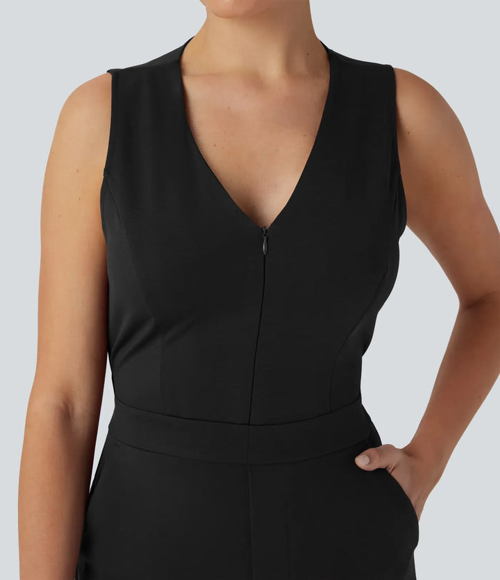 V-ringad ärmlös vardaglig bootcut jumpsuit med fickor-Easy Peezy Edition