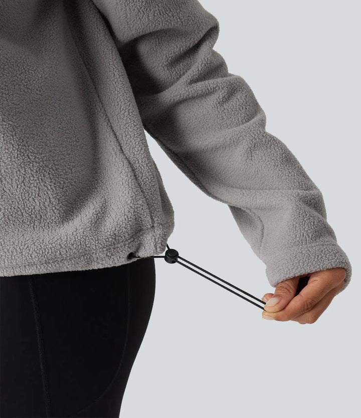 Hög hals dragsko långärmad rynksöm i fållen fleece vardaglig sweatshirt