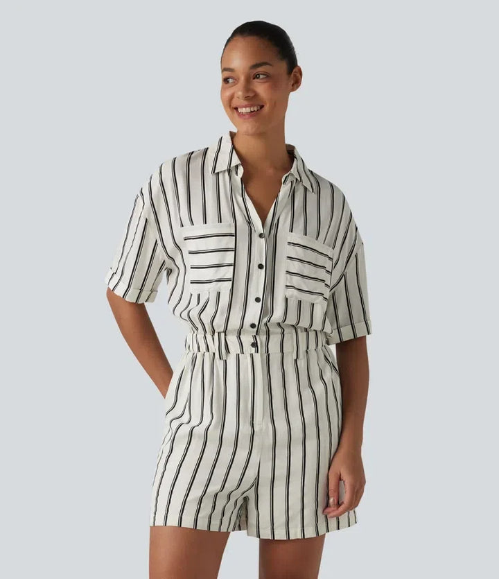 Kortärmad randig vardaglig skjorta playsuit med fickor