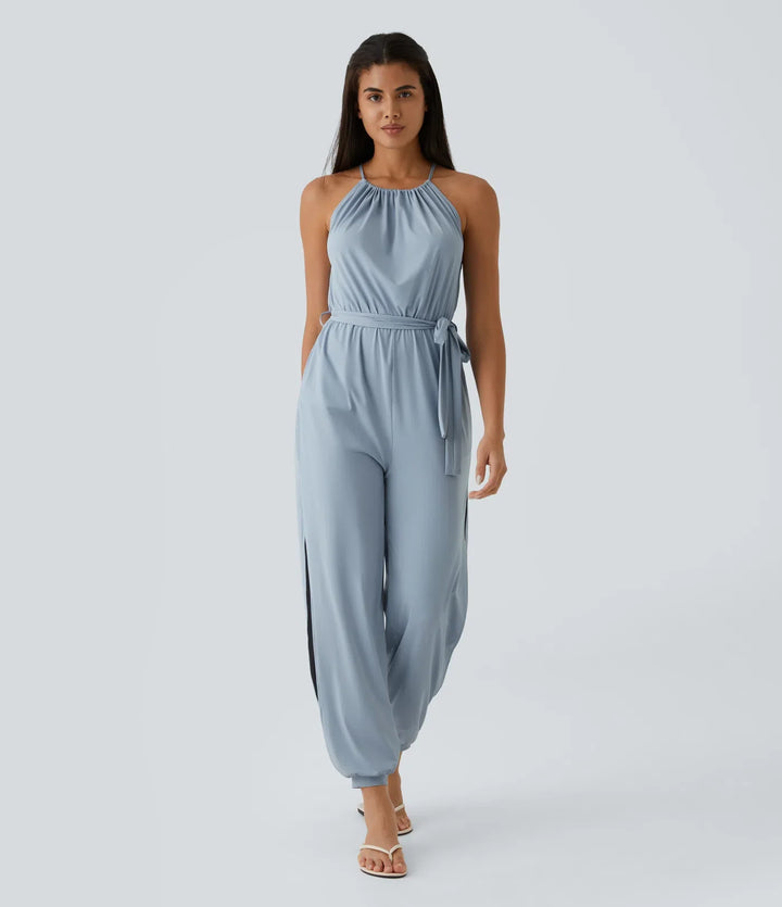 Ärmlös knytning i ryggen bältad ficka skuren-ut InstantCool jumpsuit-UPF50+