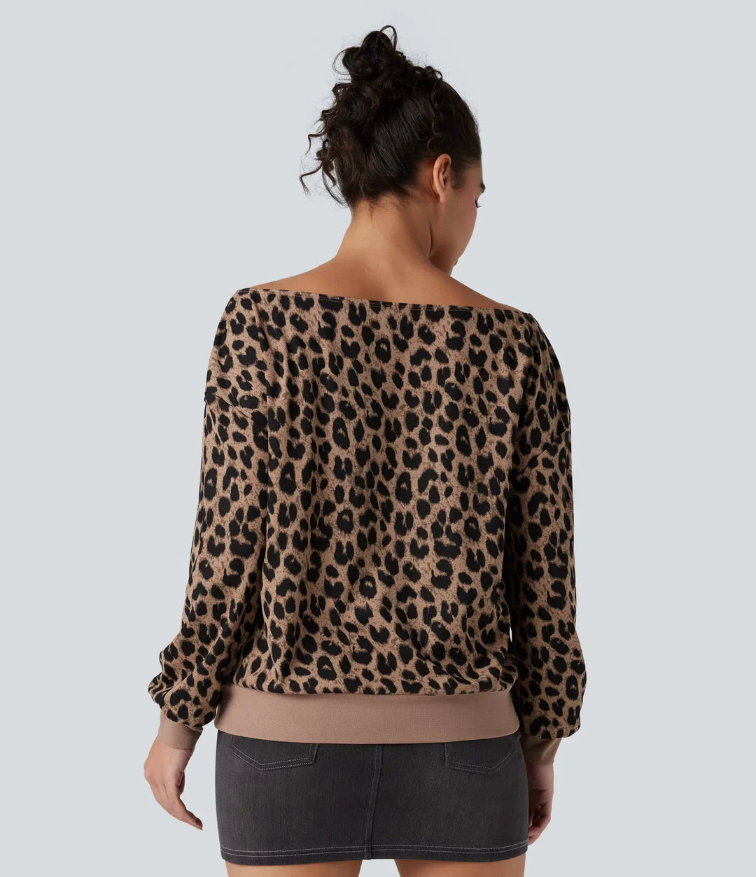 Enaxlad långärmad våffelstruktur leopard vardaglig sweatshirt med fickor