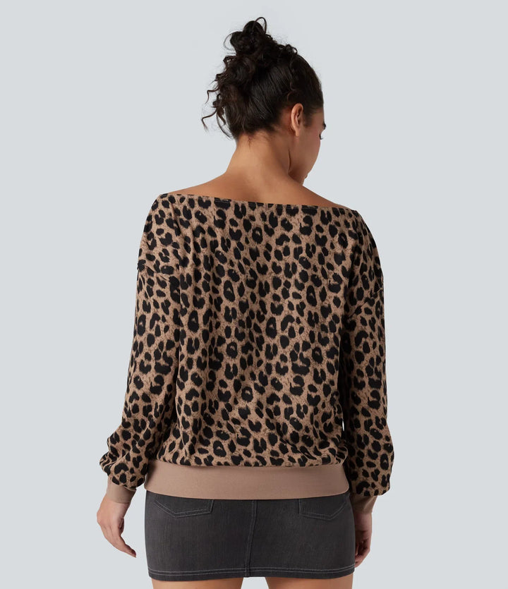 Enaxlad långärmad våffelstruktur leopard vardaglig sweatshirt med fickor