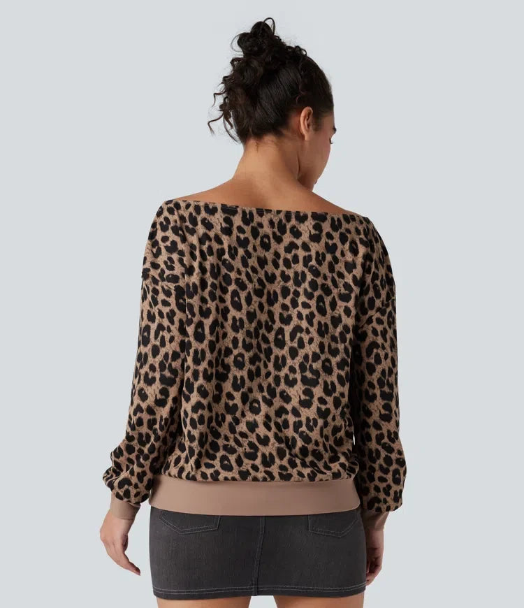 Enaxlad långärmad våffelstruktur leopard vardaglig sweatshirt med fickor