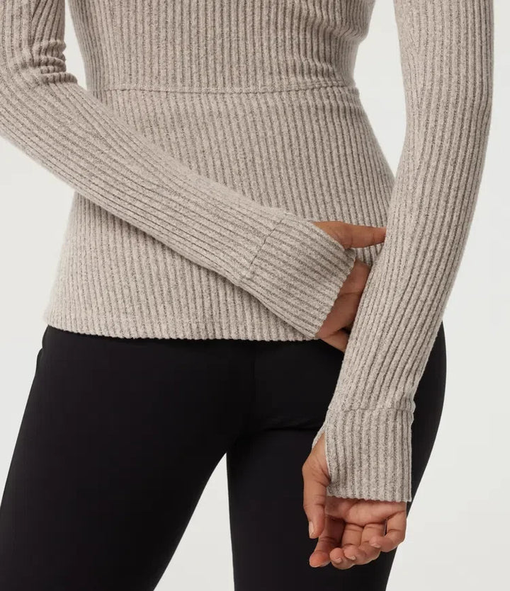 Ribbstickad halvpolo långärmad yoga träningsjacka med fickor