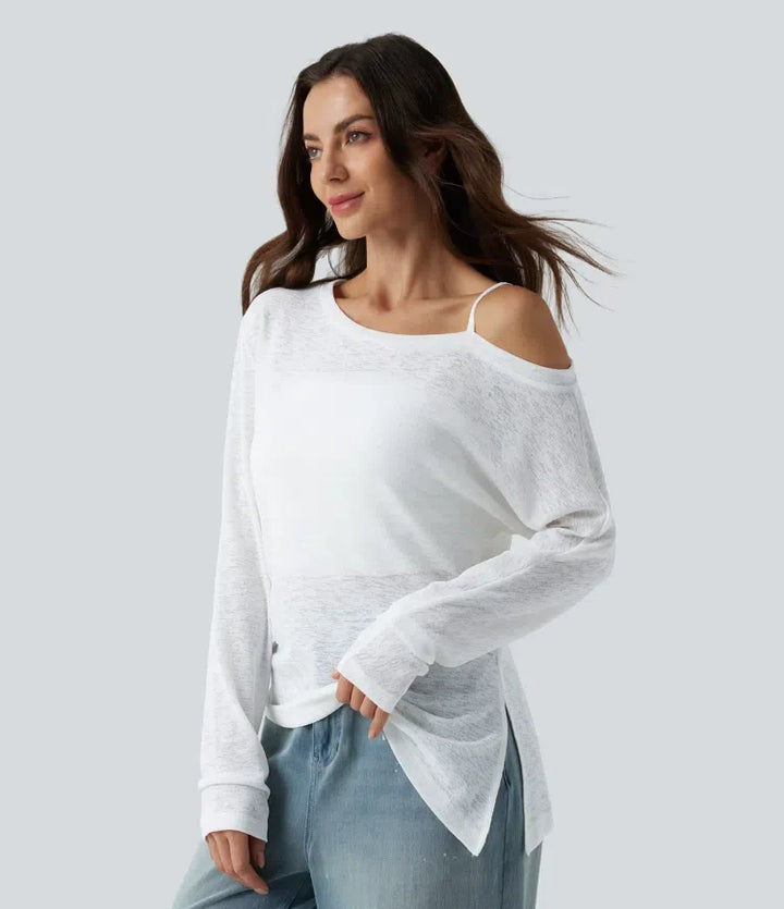 Halvtransparent enaxlad långärmad asymmetrisk fåll T-shirt för vardag