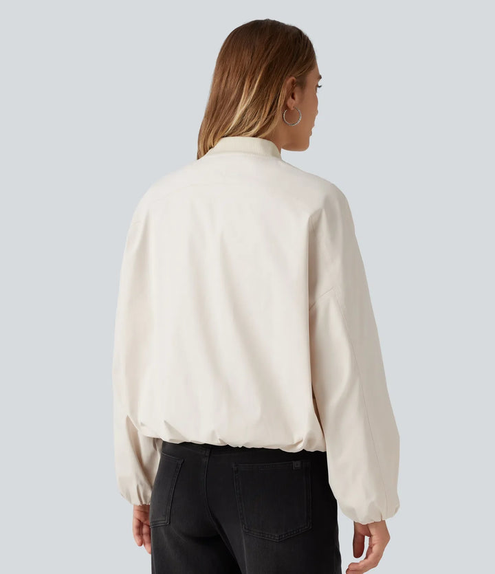 Rund hals långärmad vardaglig bomber jacka med fickor