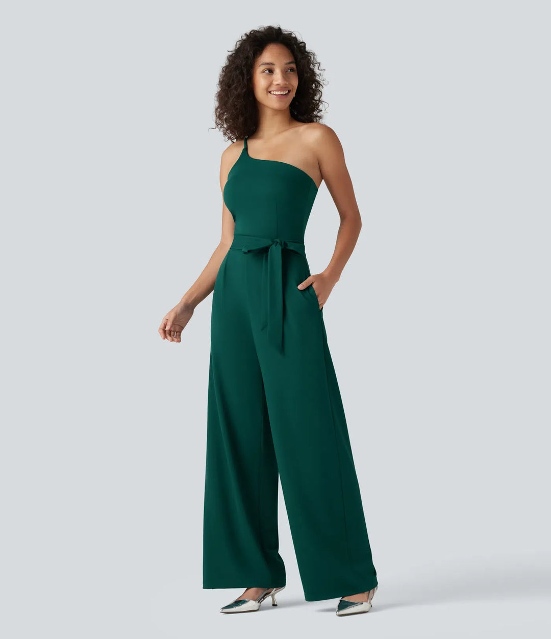Enaxlad ärmlös bältad inbyggd BH fest jumpsuit med fickor- Easy Peezy