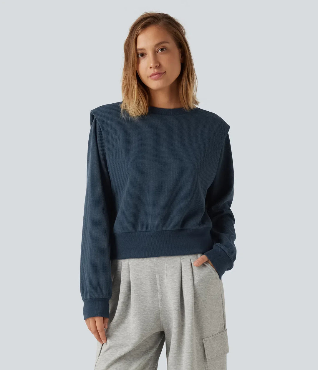 Rund hals långärmad våffelstruktur vardaglig sweatshirt