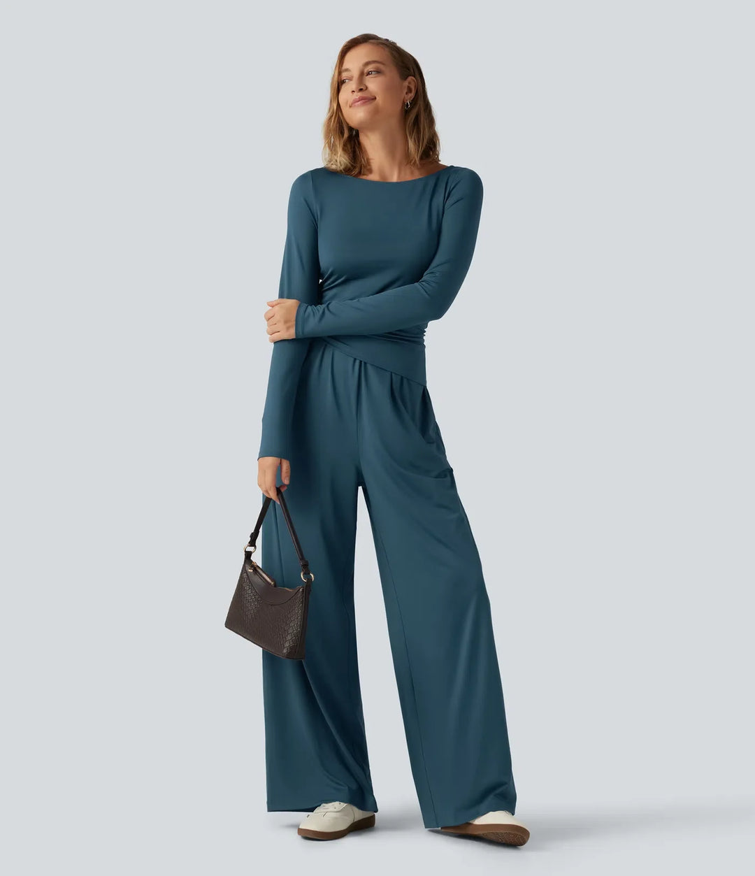 Båtringad långärmad vida ben rynkat vardaglig jumpsuit med fickor-Easy Peezy Edition