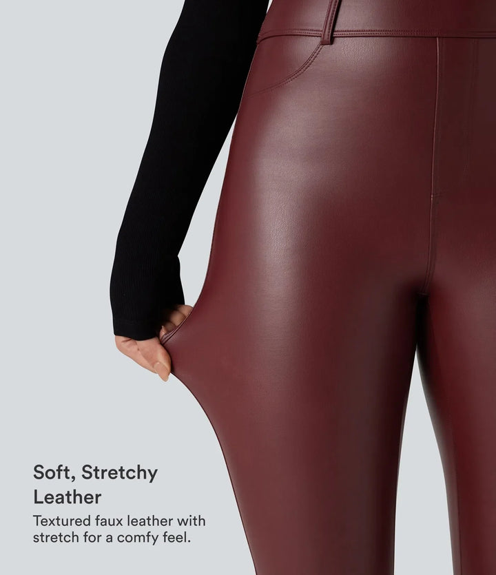 Med hög midja stretchig PU fleece vardagsleggings med fickor