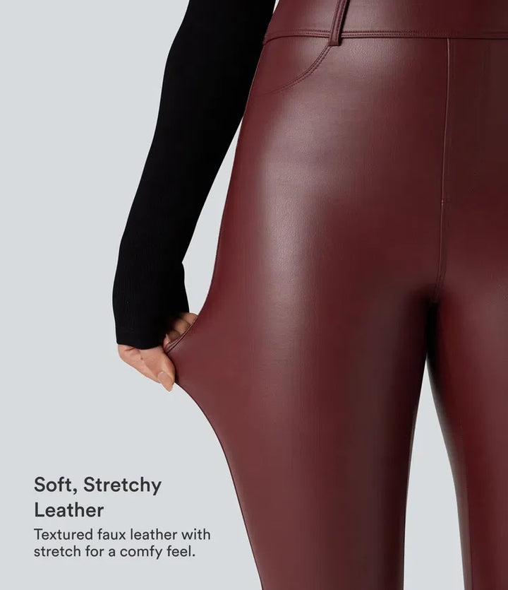 Med hög midja stretchig PU fleece vardagsleggings med fickor