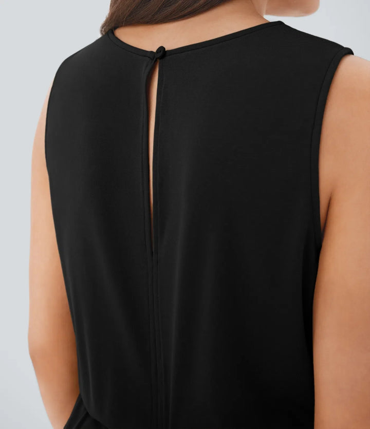 Rund hals ärmlös nyckelhålsrygg dragsko ficka vardaglig jumpsuit