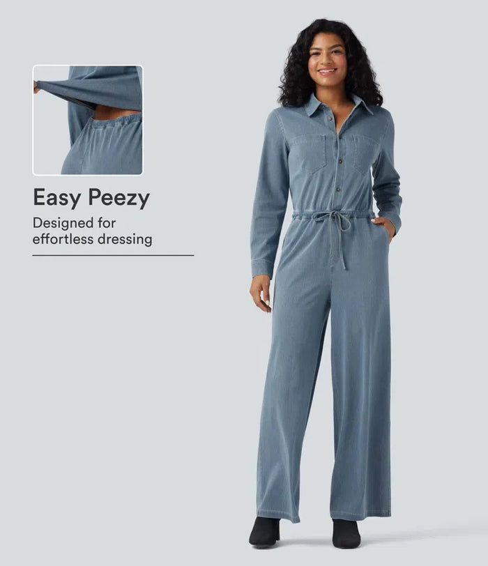 Lyckera Flex långärmad dragsko vida ben tvättad denim vardaglig jumpsuit med fickor-Easy Peezy Edition