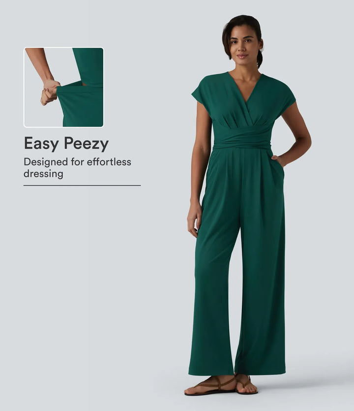 V-ringad kortärmad crossover knyt veckad arbetsjumpsuit med fickor-Easy Peezy