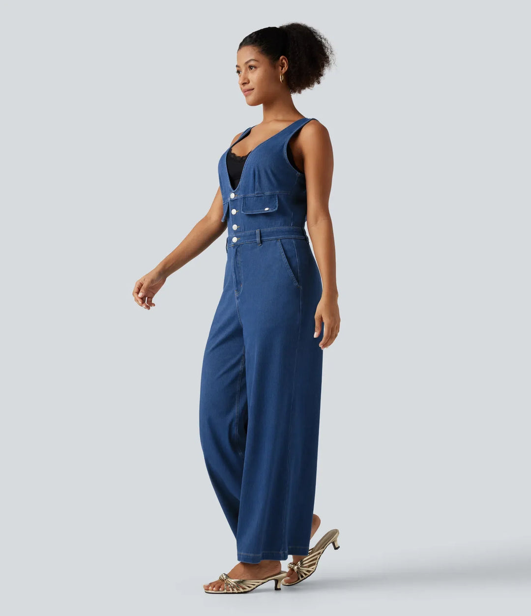 Lyckera Flex V-ringad vida ben denim vardaglig jumpsuit med fickor