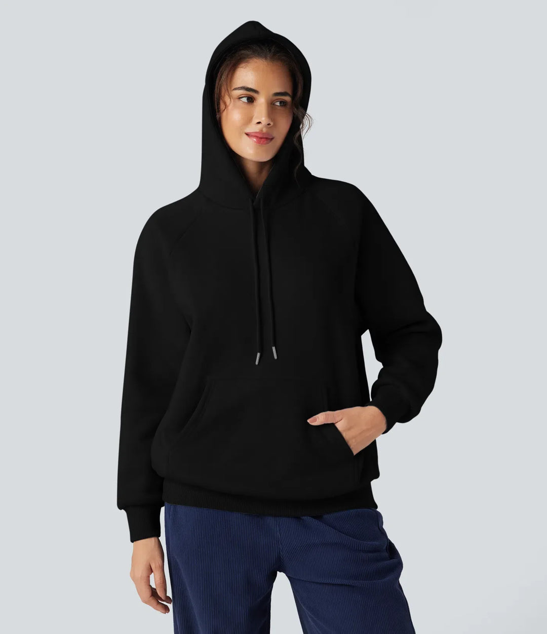 Med huva dragsko långärmad fleece vardaglig bomull sweatshirt med fickor