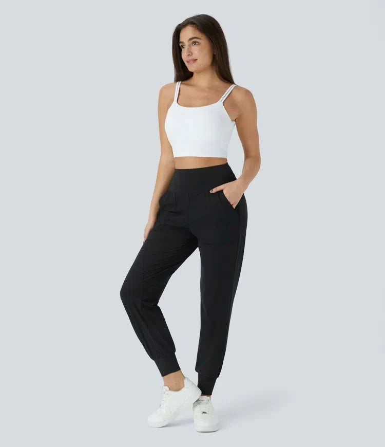 Med hög midja enfärgad ficka för vardag joggingbyxor