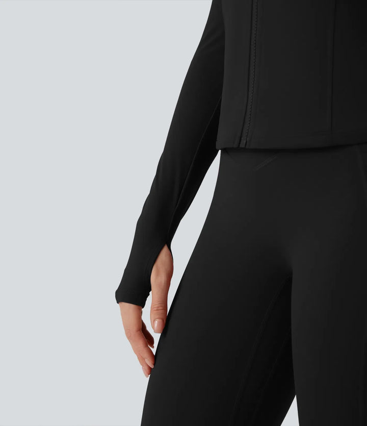 Lyckera UltraSculpt ståkrage långärmad tumhål yoga kurvig jacka med fickor