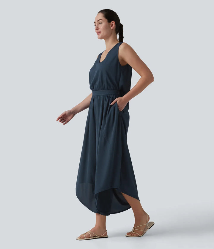 V-ringad fallande våffelstruktur vardaglig jumpsuit med fickor-Easy Peezy Edition