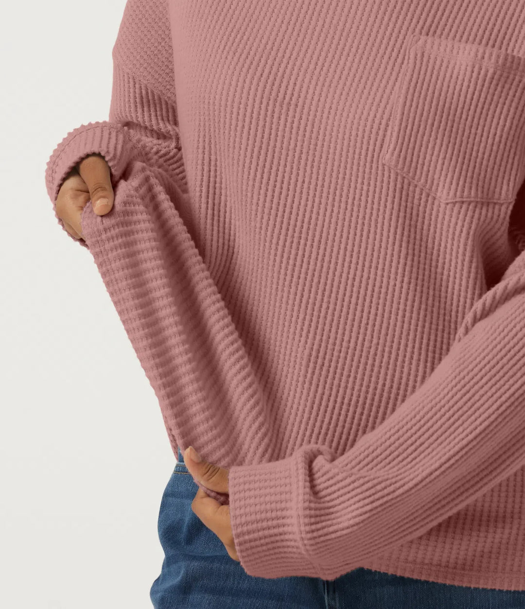 Rund hals långärmad nedhasad våffelstruktur vardaglig sweatshirt med ficka