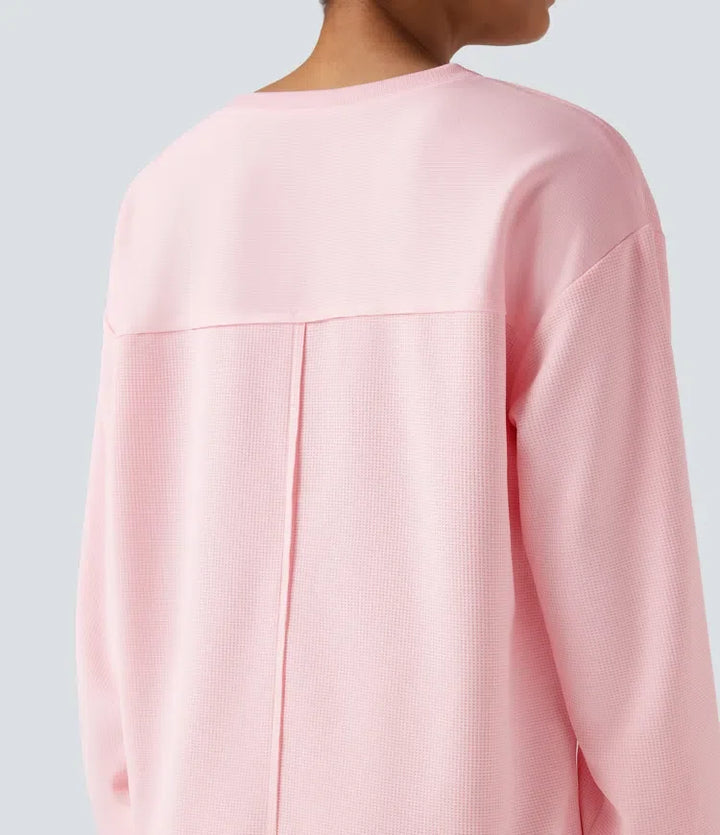 Rund hals långärmad slits fåll våffelstruktur oversized vardaglig sweatshirt med fickor