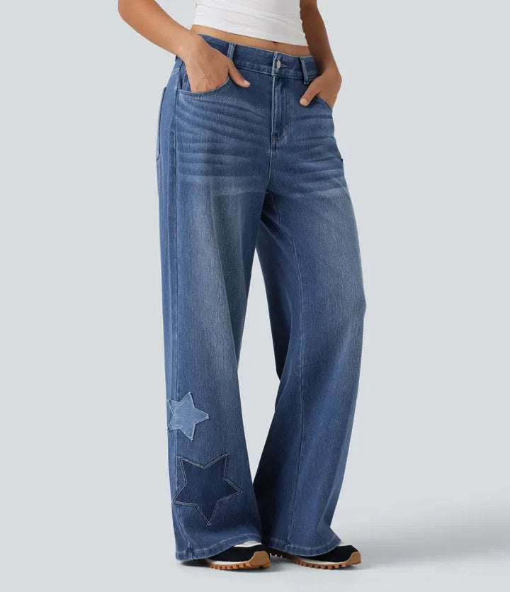 Halara Flex med hög midja baggy broderi vardagsjeans med fickor