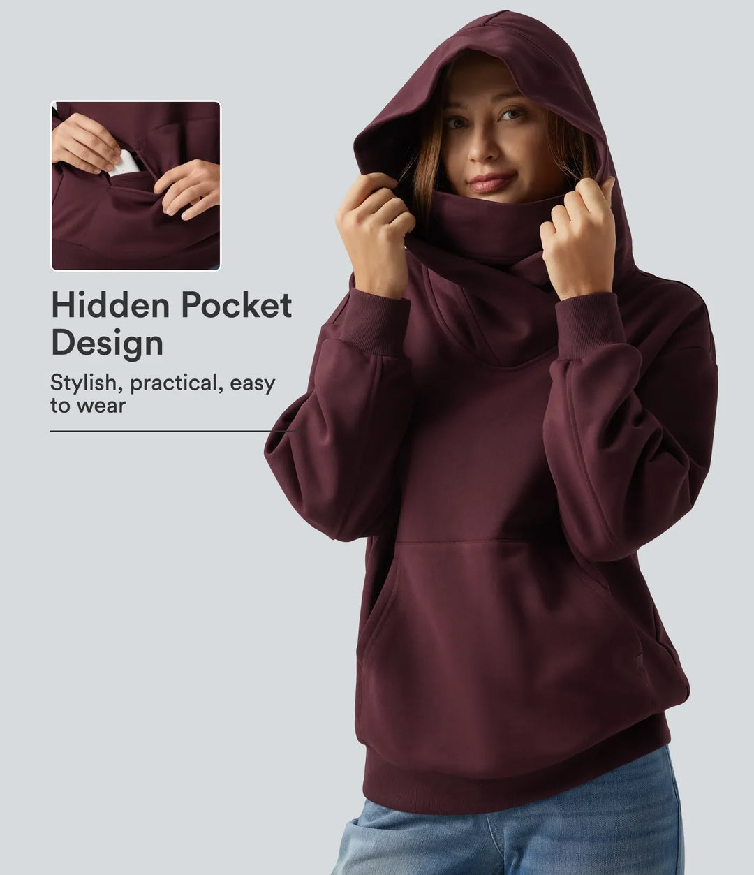 Med huva crossover nedhasad långärmad fleece vardaglig sweatshirt med ficka